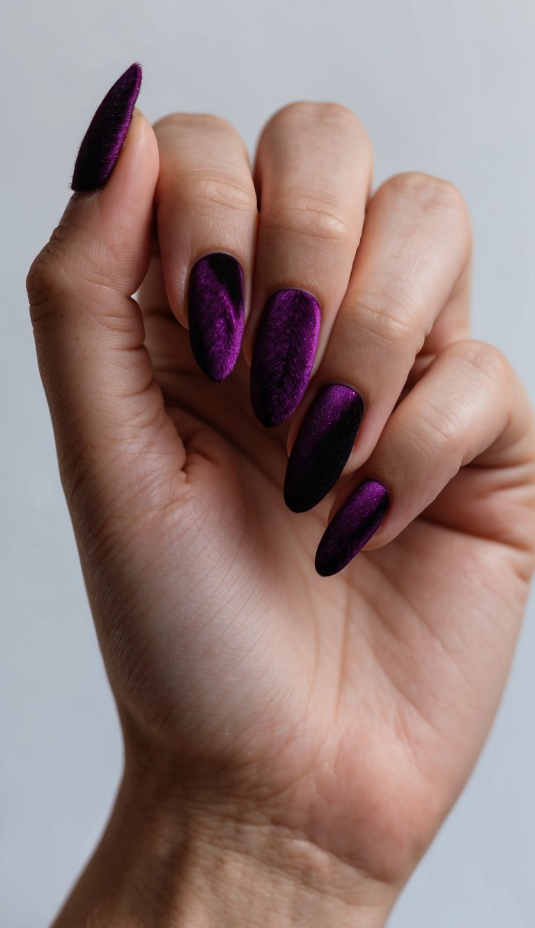 A rich, velvety purple and black nail art design with dramatic textures and patterns