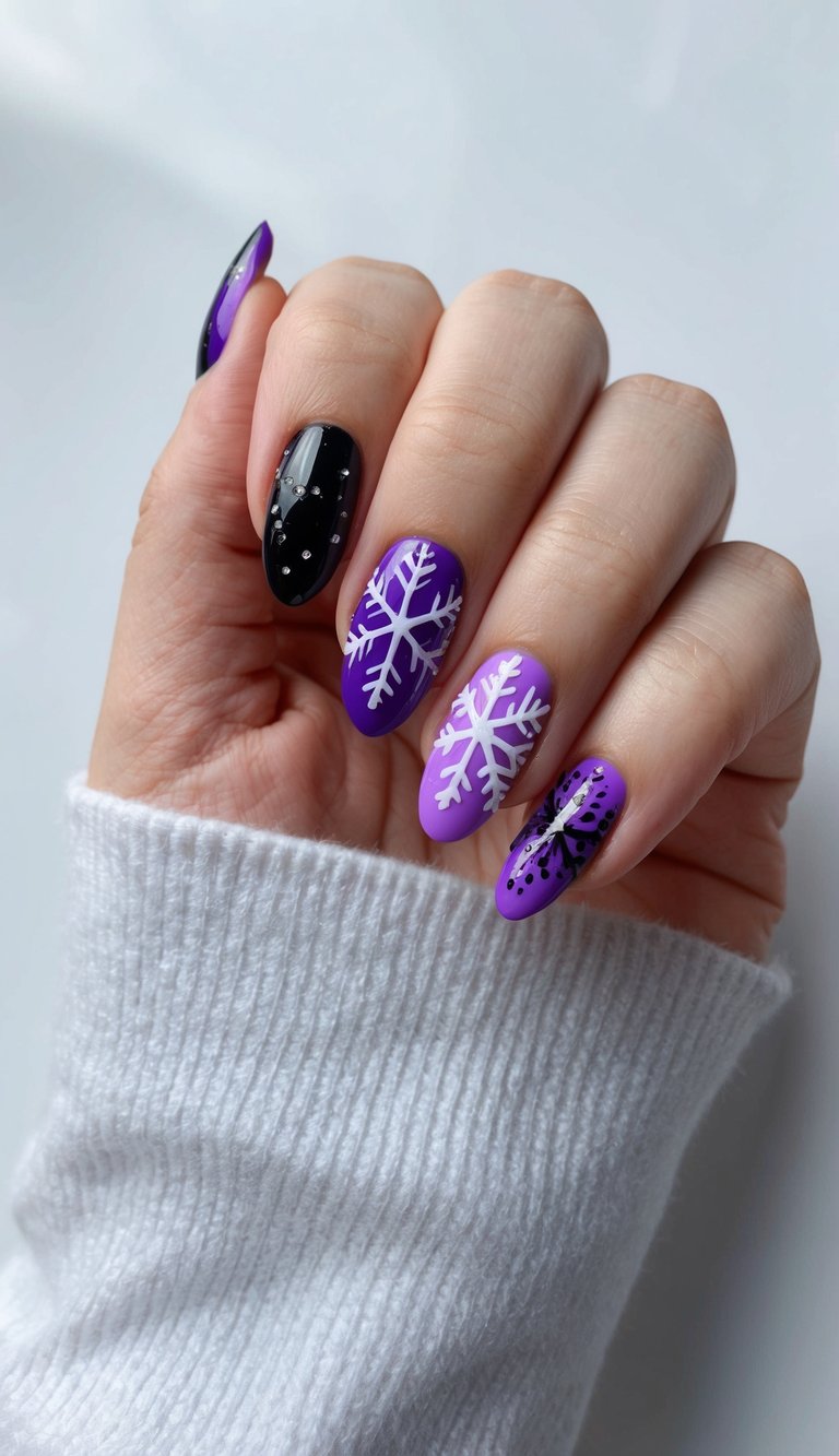 A snowflake-themed nail art design with alternating purple and black colors, creating a dramatic and festive look