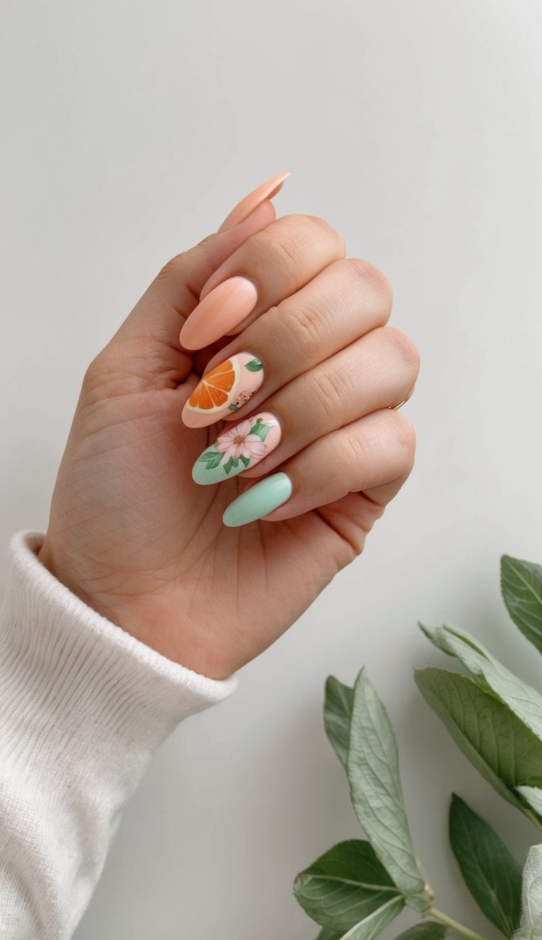 A peach and mint color palette with delicate floral and fruity elements