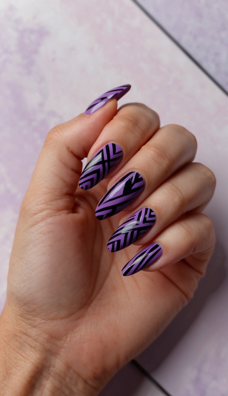 A close-up of purple and black tribal nail art on a trendy background