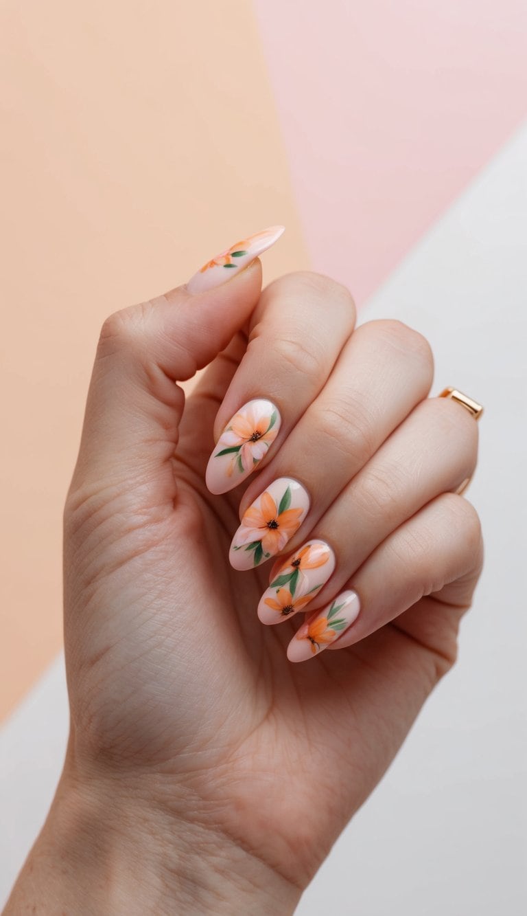 A peach burst floral nail art design with delicate petals and vibrant colors, set against a soft pastel background
