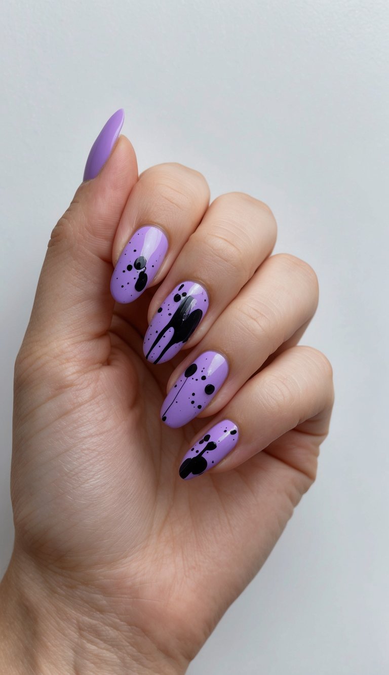 Purple and black paint splatters on a nail canvas