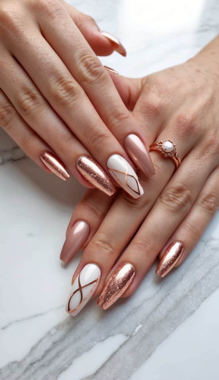 A marble surface with elegant rose gold nail art designs displayed