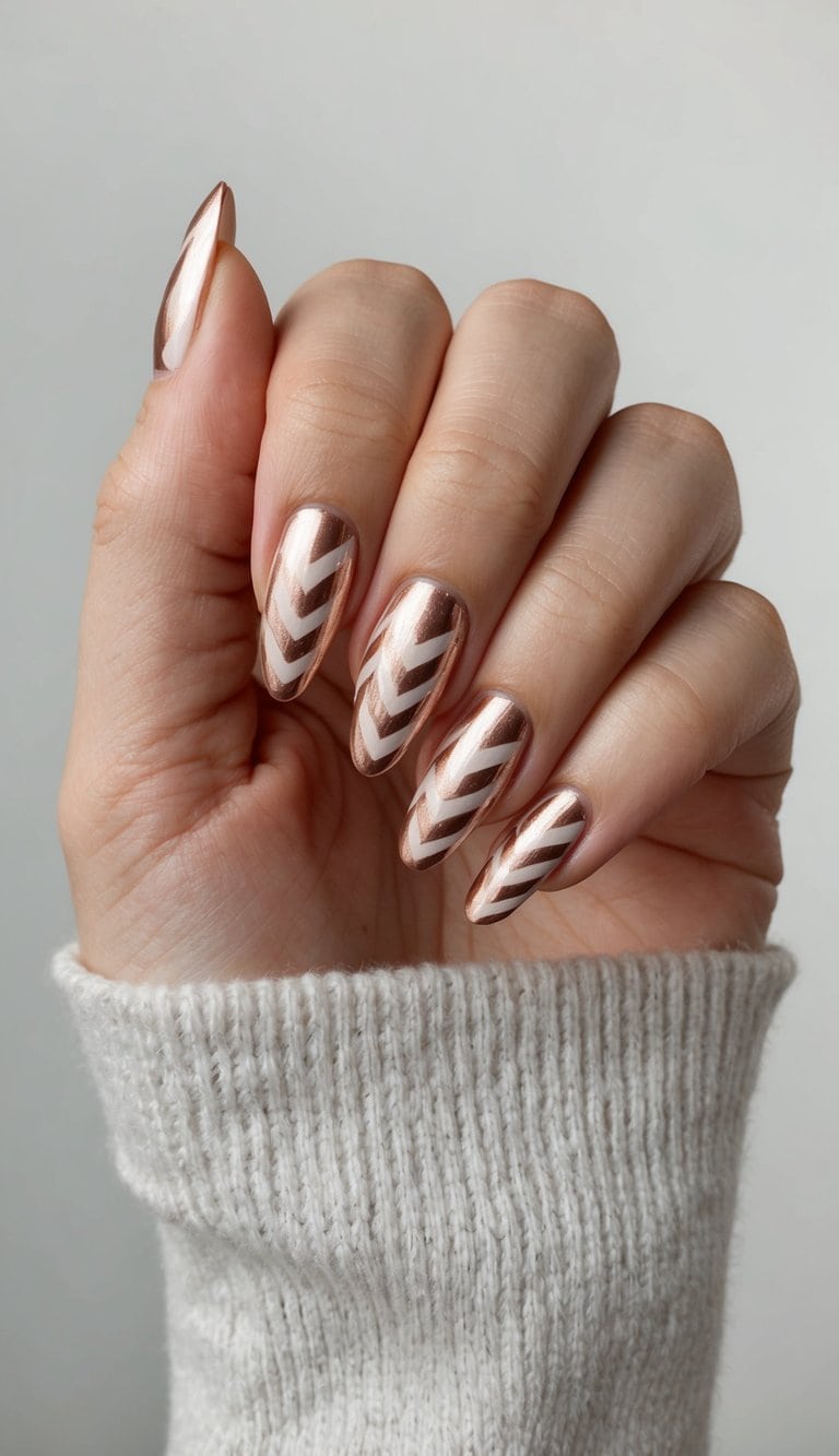 A close-up of rose gold chevron nail art on a neutral background
