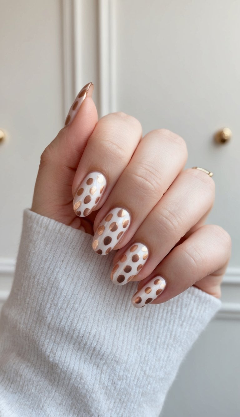 A close-up of polka dot rose gold nails against a luxurious backdrop