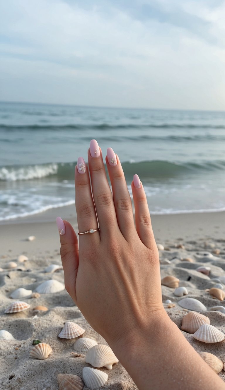 A calm beach scene with soft sand, gentle waves, and pastel-colored seashells scattered on the shore