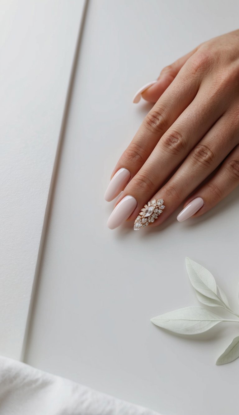 A set of plain nails with tasteful jewelled accents arranged on a clean, minimalist surface