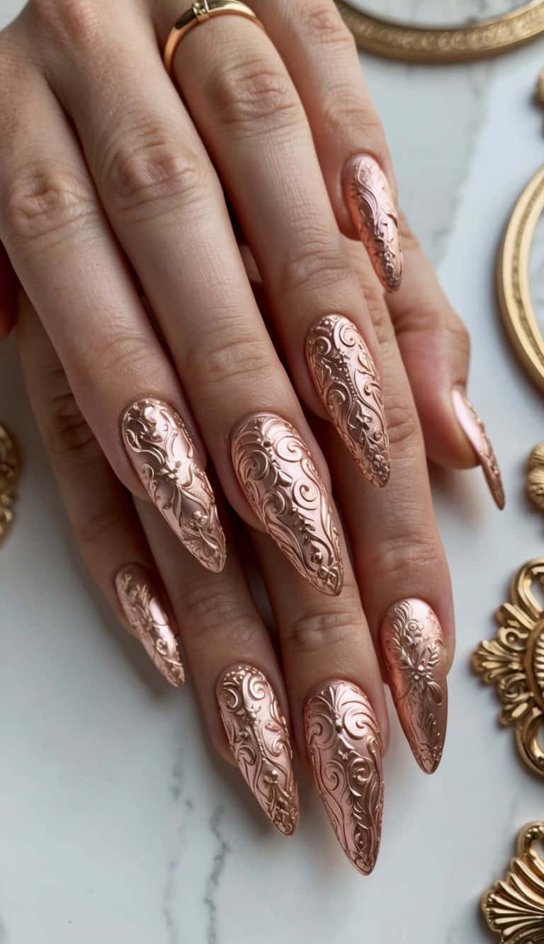 A collection of intricate baroque rose gold nail art designs displayed on a chic and luxurious background