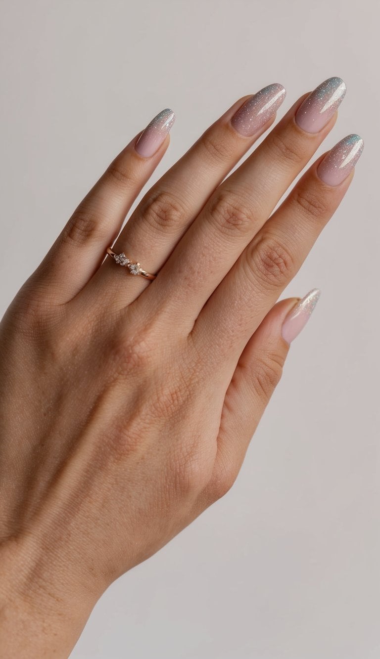 A hand with glitter gradient nails against a neutral background