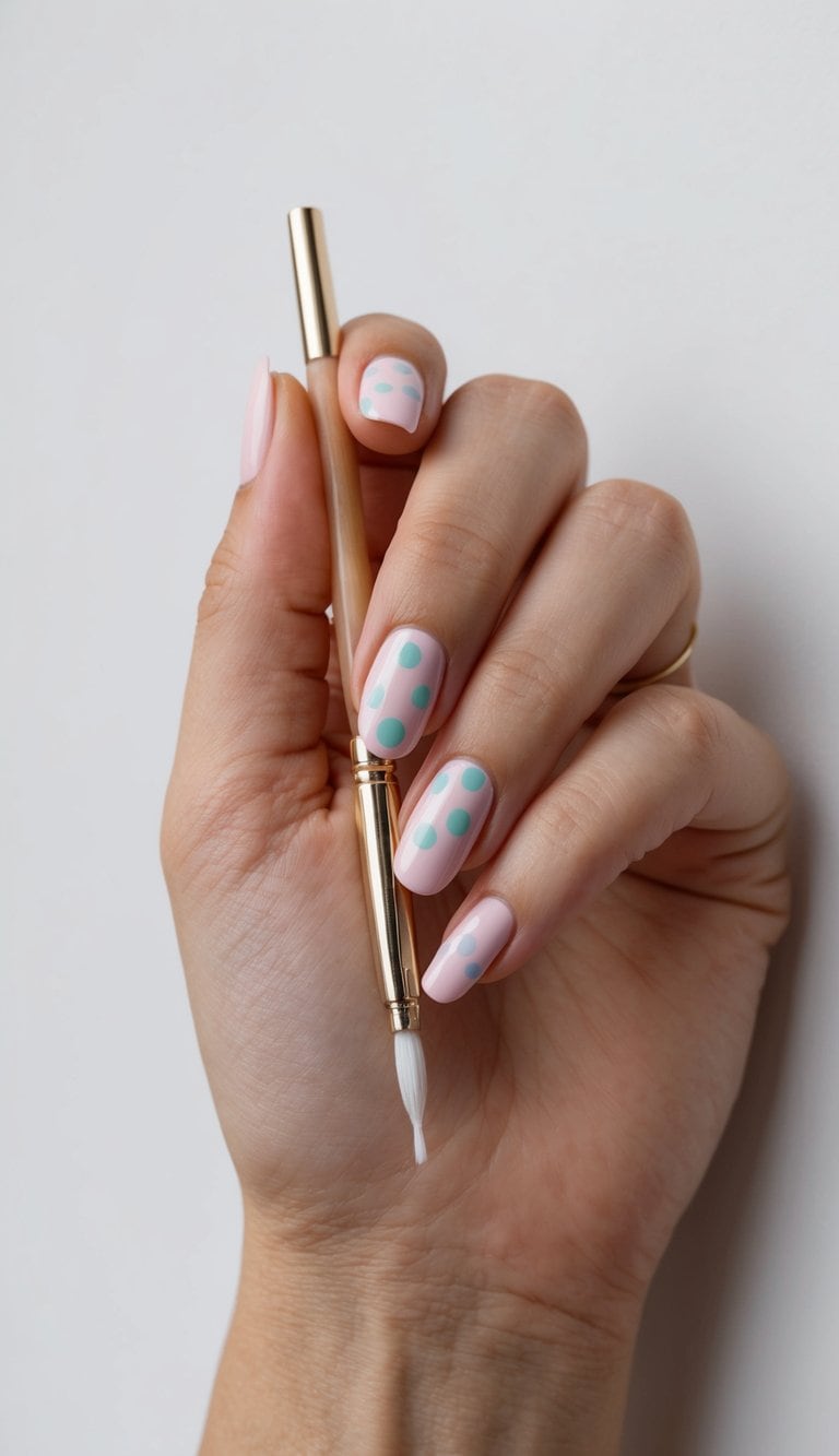 A hand holding a nail polish brush, creating pastel polka dots on a clean, neutral-colored nail