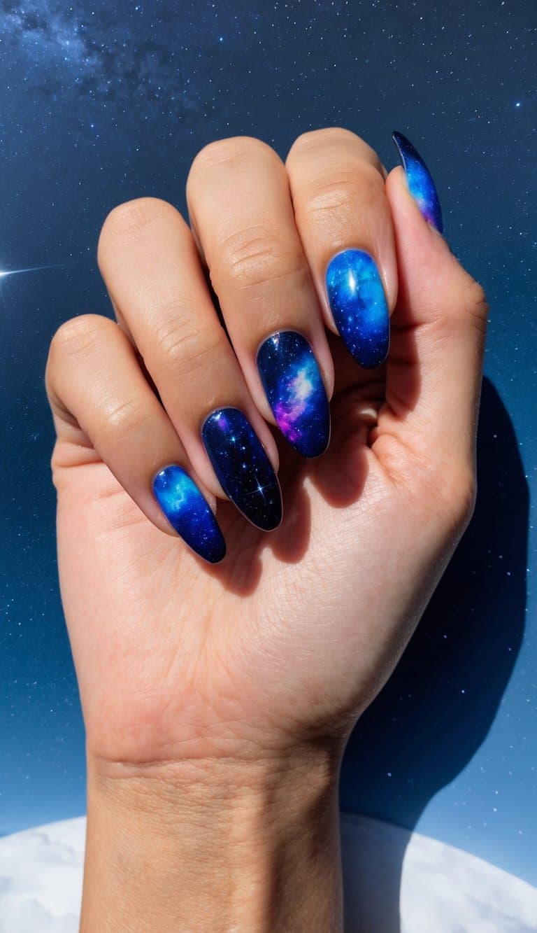 A hand with galaxy-themed nails against a starry night sky backdrop