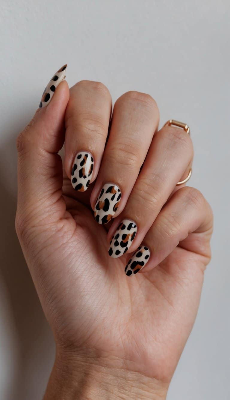 A close-up of a hand with animal print nail art, against a neutral background