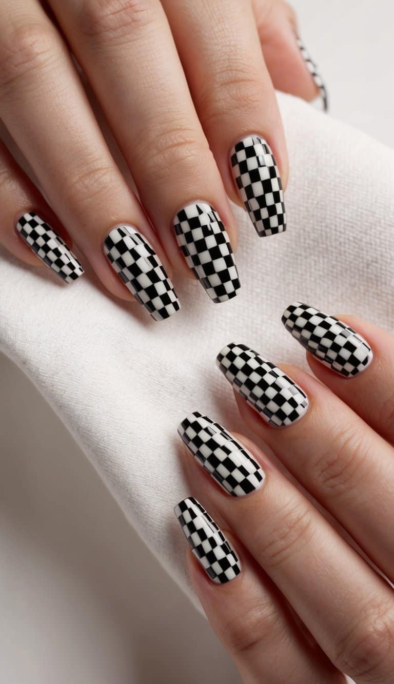 A close-up of a checkerboard patterned nail art design on a neutral background