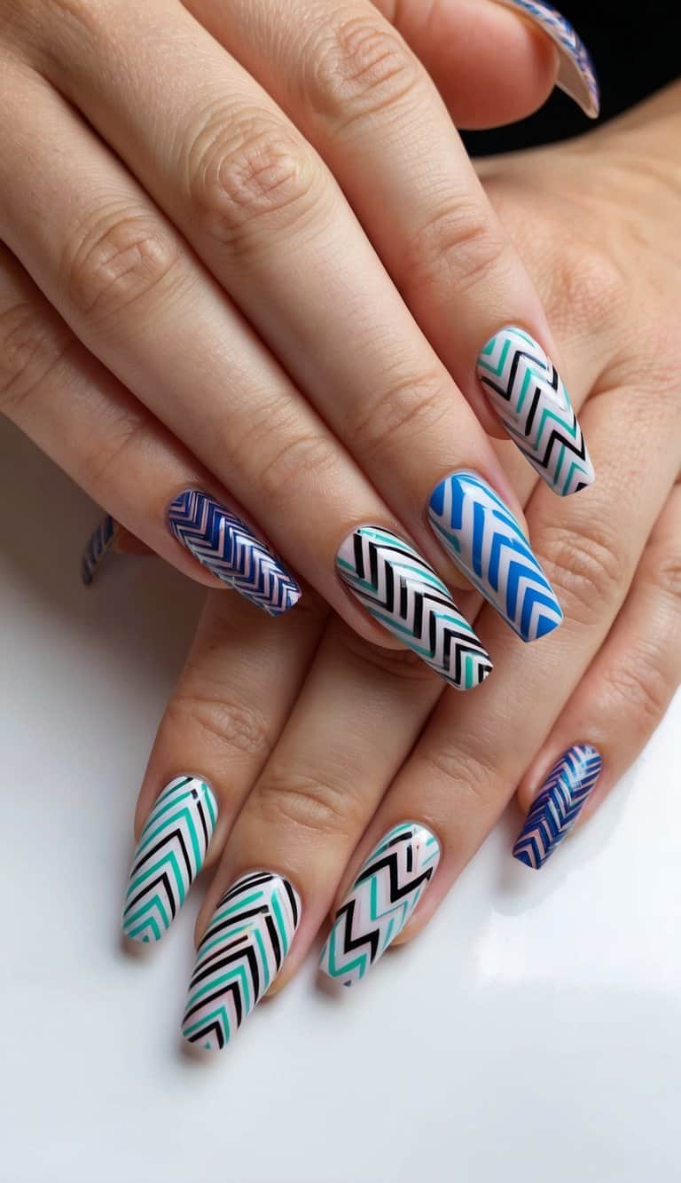 A set of nails with various zigzag patterns in different colors and designs