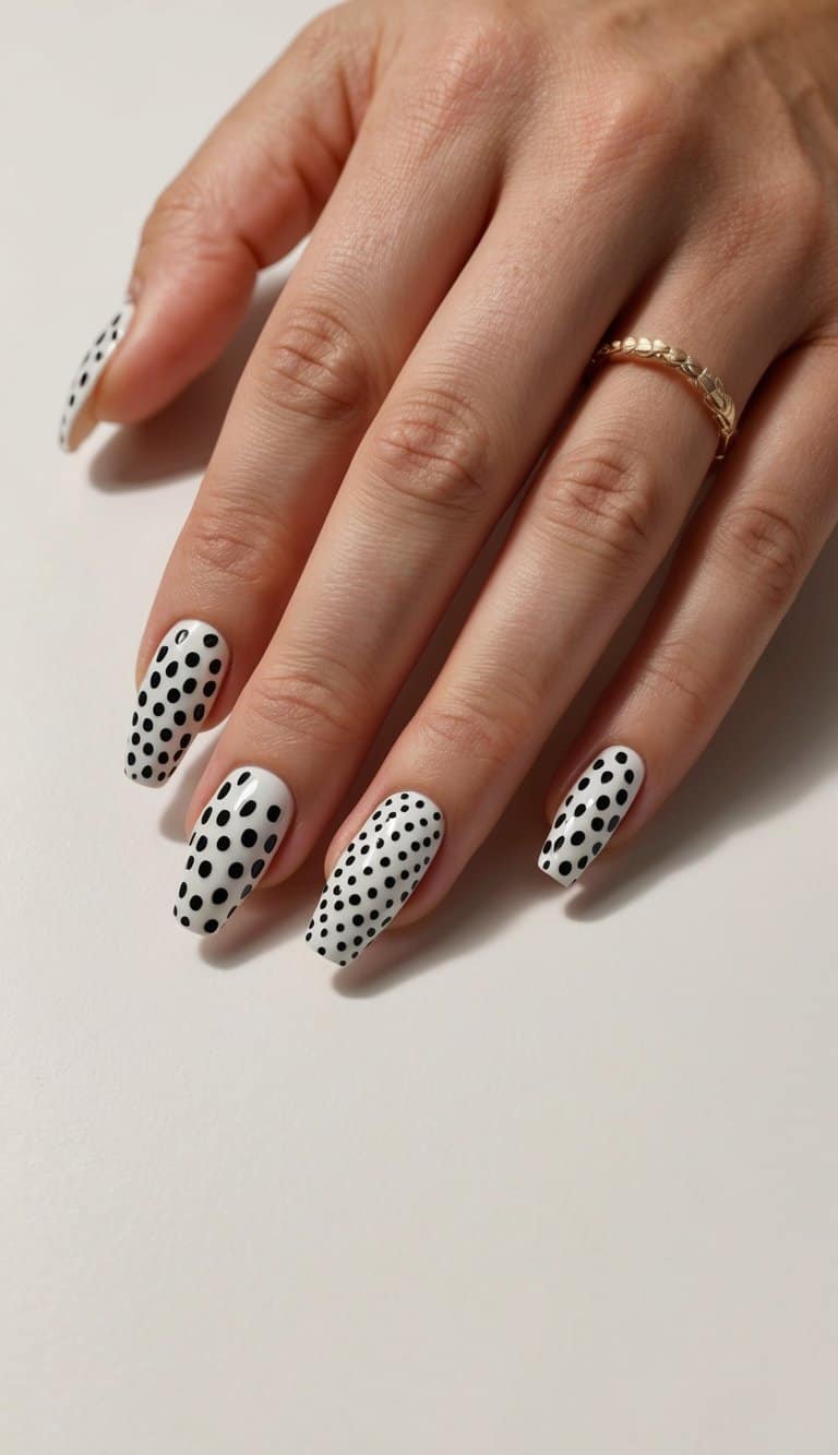 A close-up of black-and-white dotted nail art on a neutral background