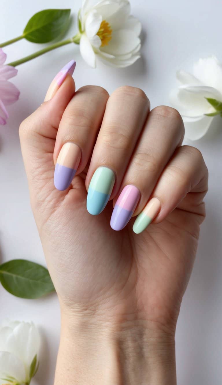 A row of pastel rainbow-tipped nails against a soft, spring-inspired background