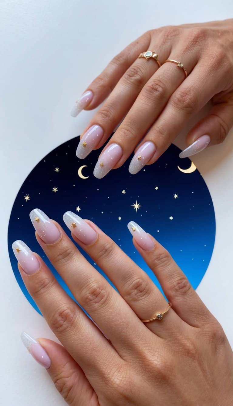 A clear night sky with twinkling stars and a crescent moon, set against a dark blue background