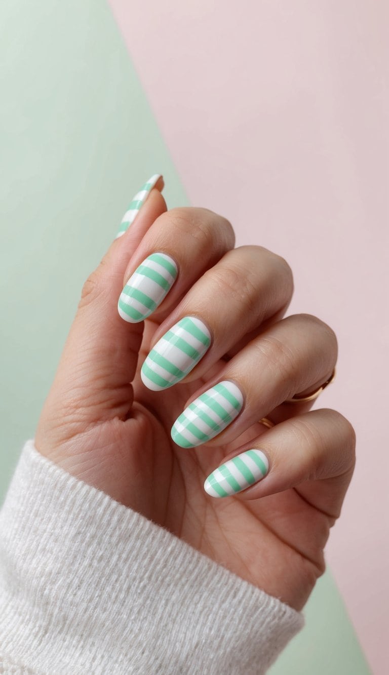 A close-up of mint green and white striped nails against a soft, pastel background, evoking a fresh and clean springtime feeling