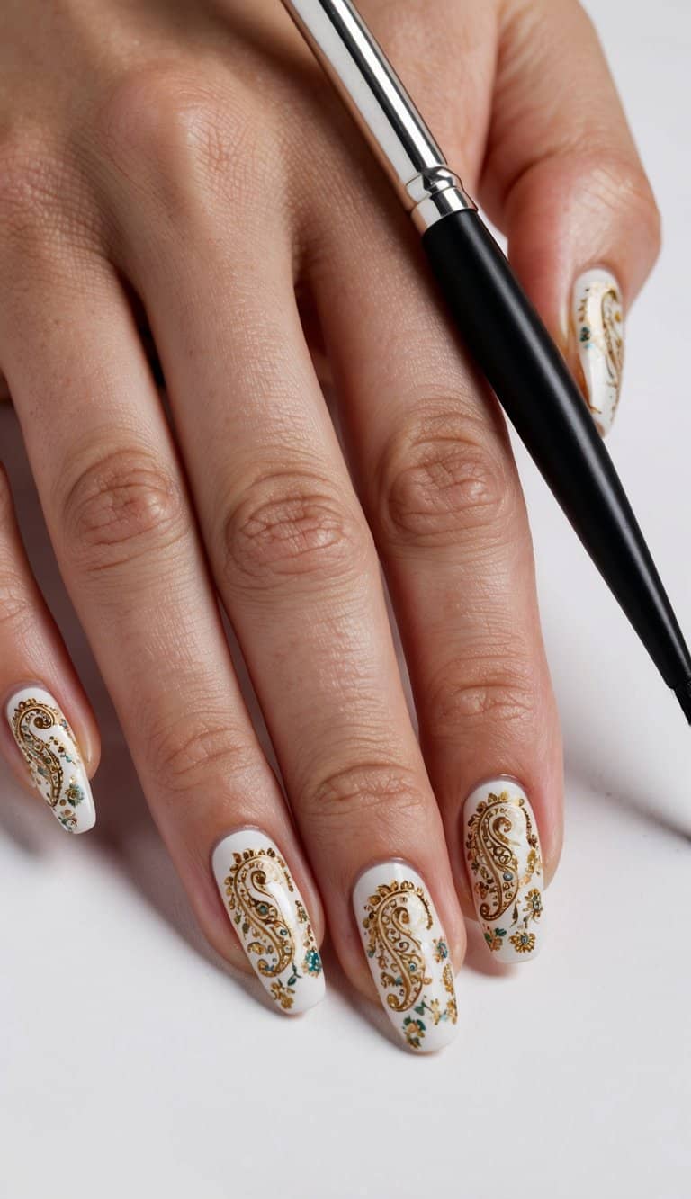 A hand holding a nail polish brush, painting delicate paisley designs on a set of fingernails