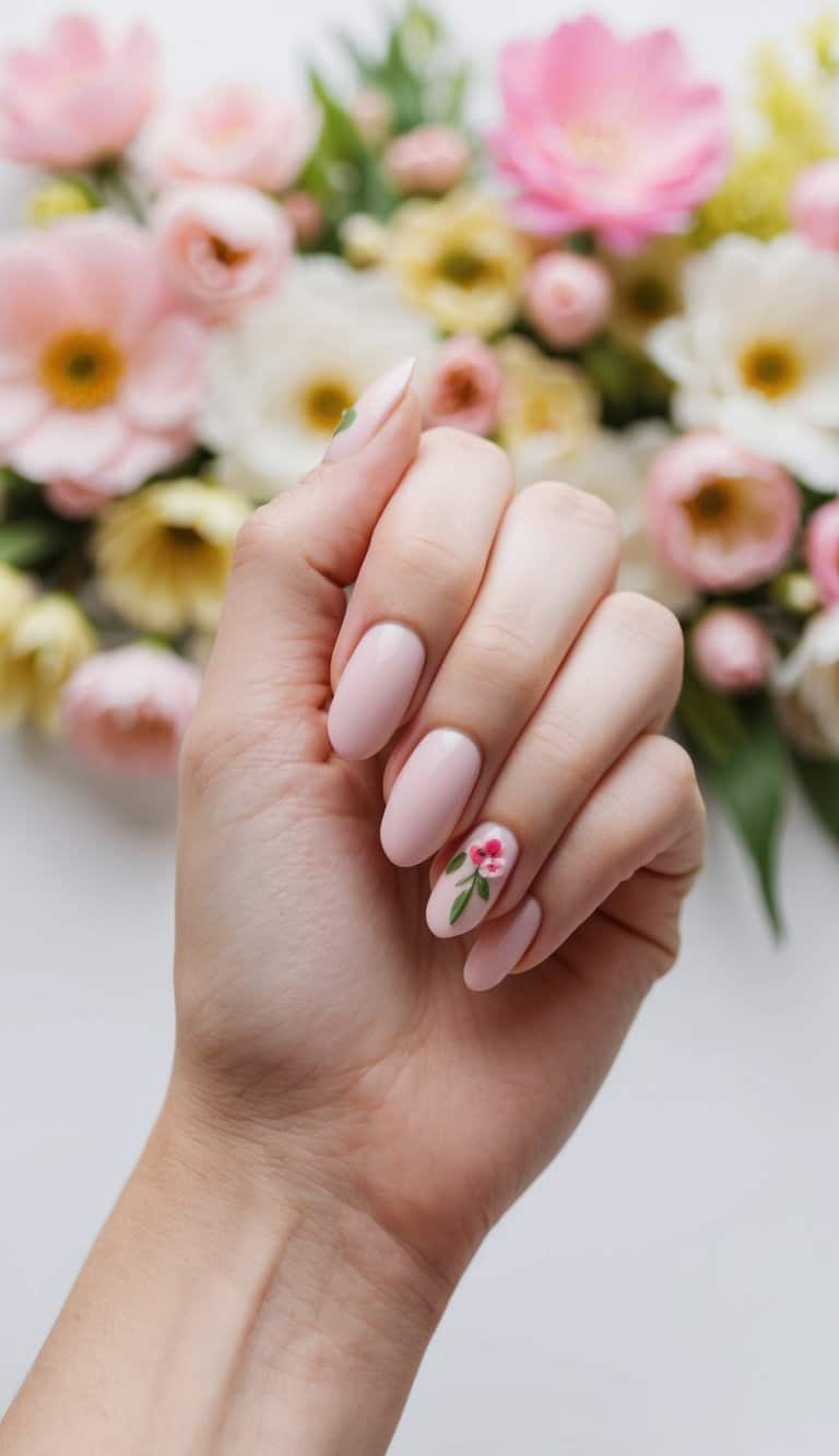 A manicured hand with rosy cheek dots in front of a springtime background of flowers and pastel colors
