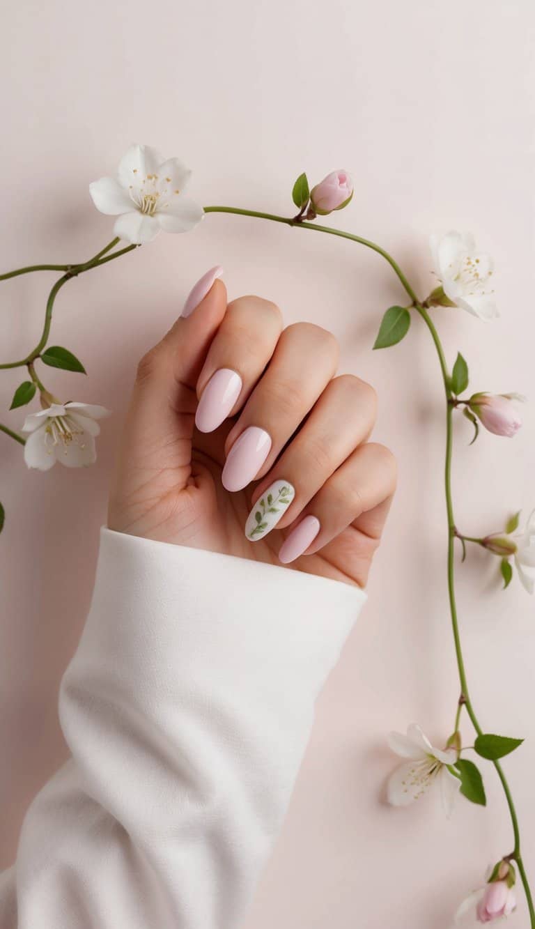 A delicate vine with blossoms winding across a pastel background