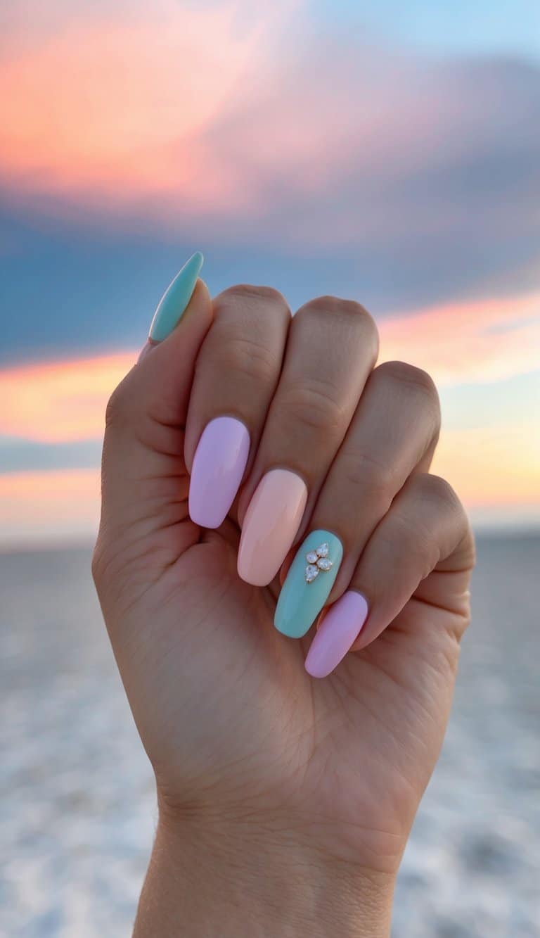 A sandy beach with pastel French tip nails in front of a colorful sunset sky