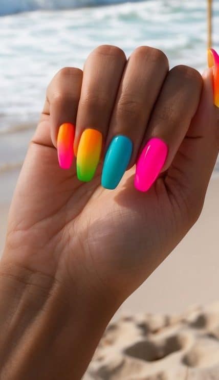 A beach scene with colorful umbrellas, palm trees, and waves crashing on the shore, with vibrant neon ombre nails in the foreground