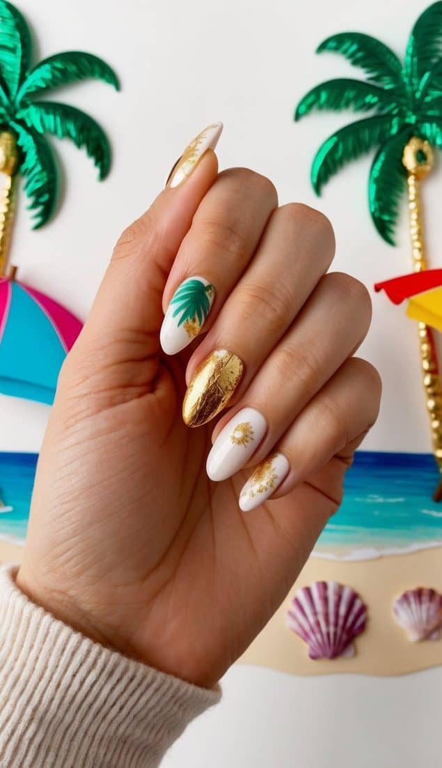 A beach scene with palm trees, seashells, and colorful beach umbrellas, all accented with gold foil details