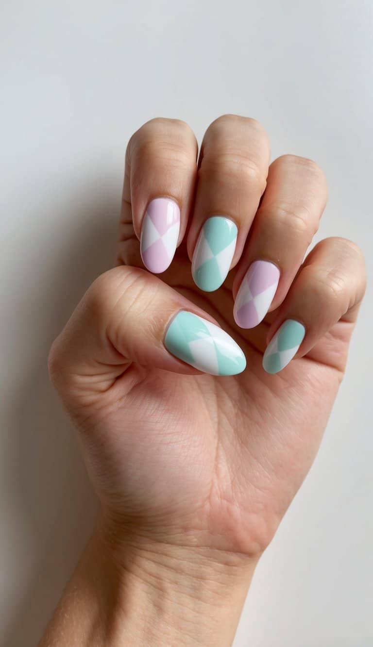 A checkerboard pattern of pastel-colored nail polish on a clean, manicured surface