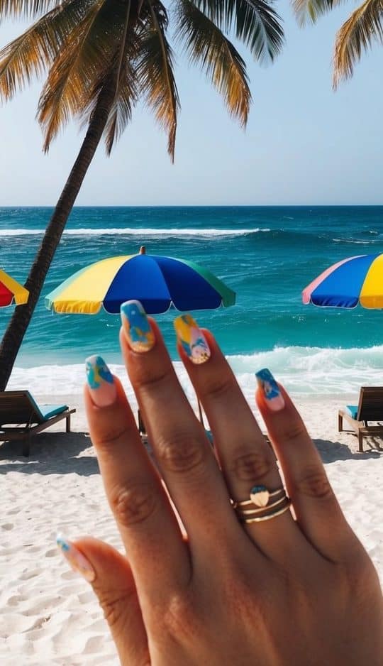 A vibrant beach scene with colorful umbrellas, palm trees, and sparkling ocean waves