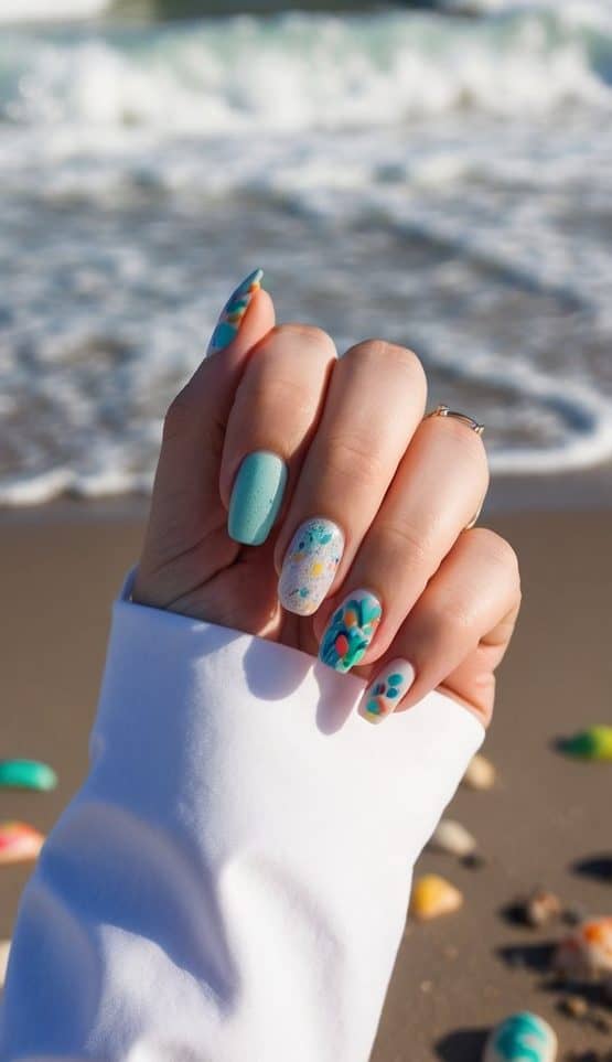 Seafoam waves crashing against sandy beach with colorful nail art designs scattered in the foreground