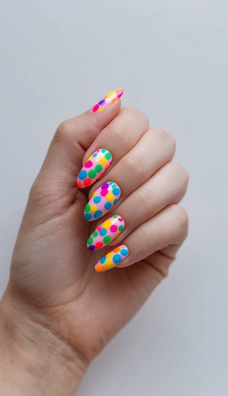 A colorful array of abstract dots in various sizes and vibrant spring colors, creating a playful and lively nail art design