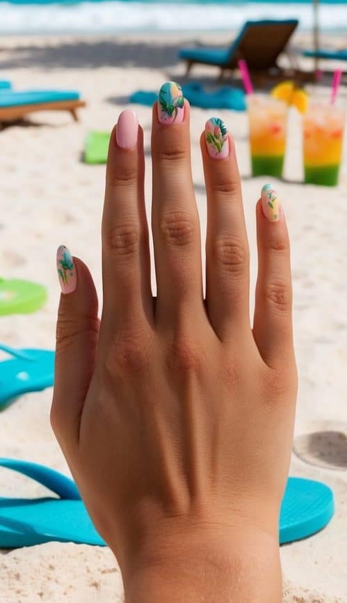 A beach scene with colorful umbrellas, flip flops, and tropical drinks scattered on the sand. Blue waves and palm trees in the background