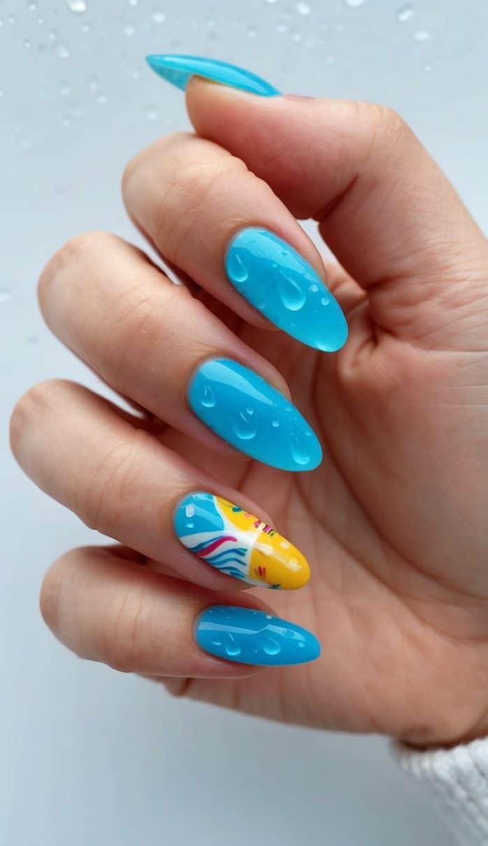 Soft blue raindrops falling onto a colorful vacation-themed nail art design