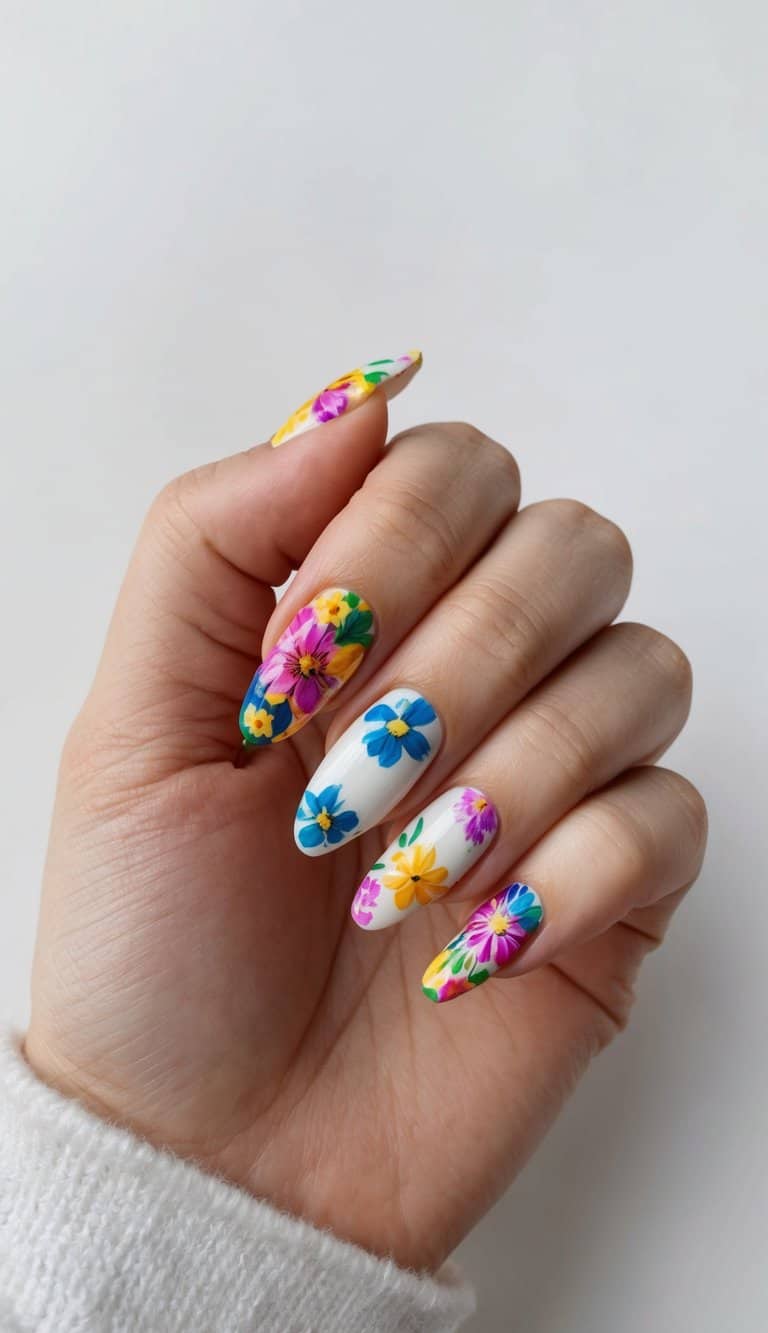 A colorful array of blooming flowers and vibrant patterns on nails