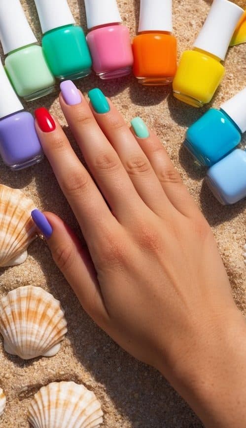 A colorful array of jelly bean hues in nail polish bottles arranged on a sandy beach backdrop with seashells and tropical flowers
