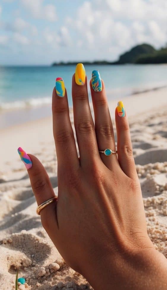 A tropical beach scene with colorful nails on sandy shore