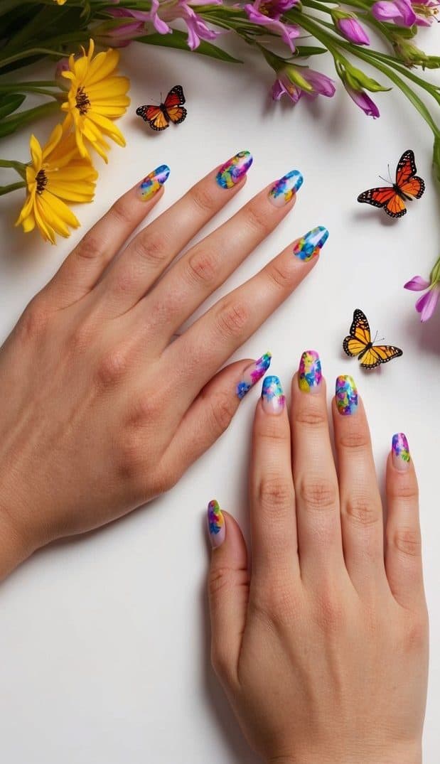 A colorful kaleidoscope of butterflies fluttering amidst vibrant spring flowers