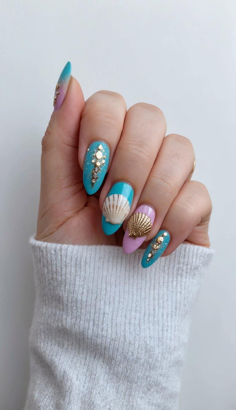 A seashell-themed nail art design with vibrant colors and sparkling accents