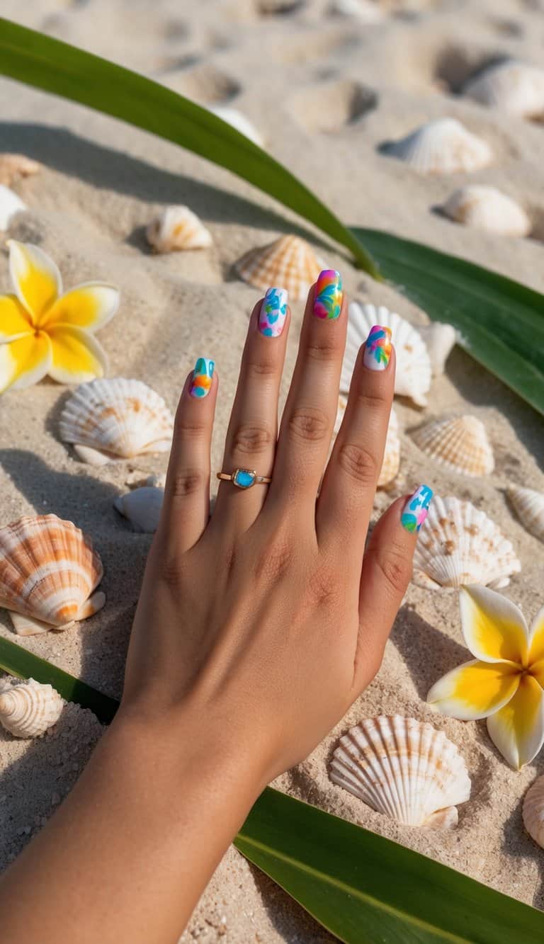 A beach scene with colorful nail art on sand, surrounded by seashells and tropical flowers