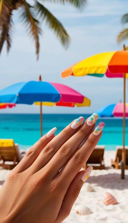 A beach scene with colorful umbrellas, seashells, and palm trees, set against a backdrop of clear blue skies and turquoise waters