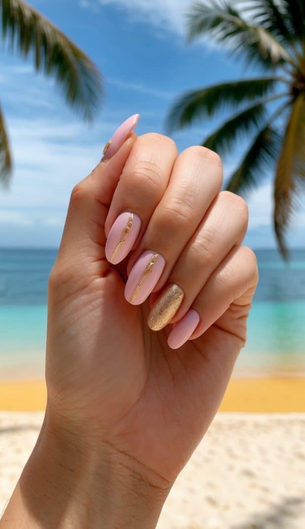 A beach scene with palm trees, clear blue water, and golden sand, accented with soft pink and gold nail art designs
