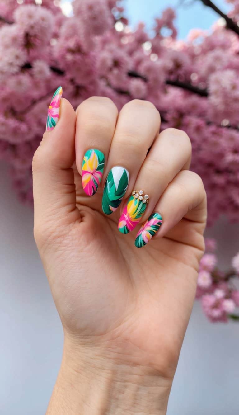 A vibrant cherry blossom festival with bold tropical nail art designs