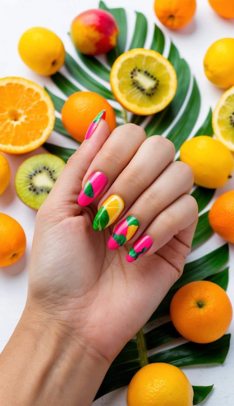 Vibrant, juicy fruits scattered on a sunny, tropical background