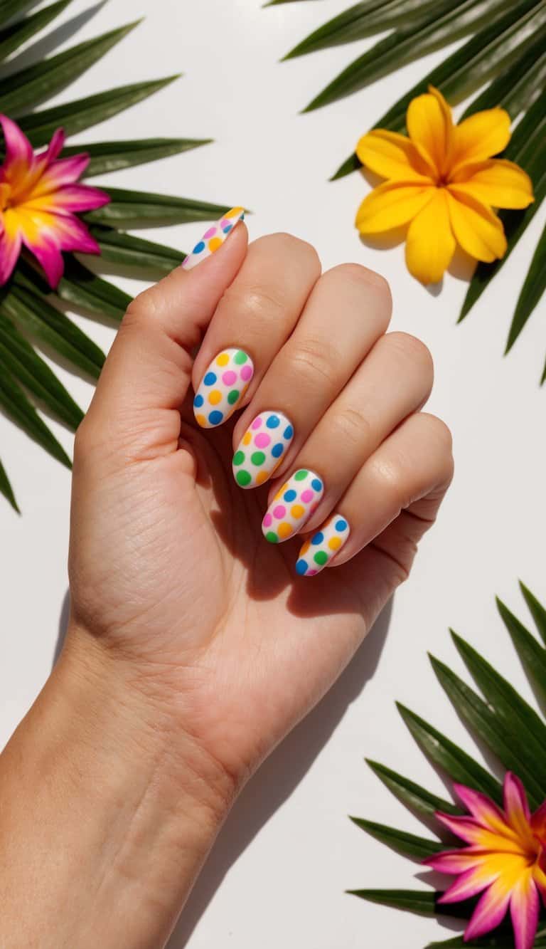 Vibrant polka dot nail art on a bright, sunny background with tropical elements like palm leaves and colorful flowers