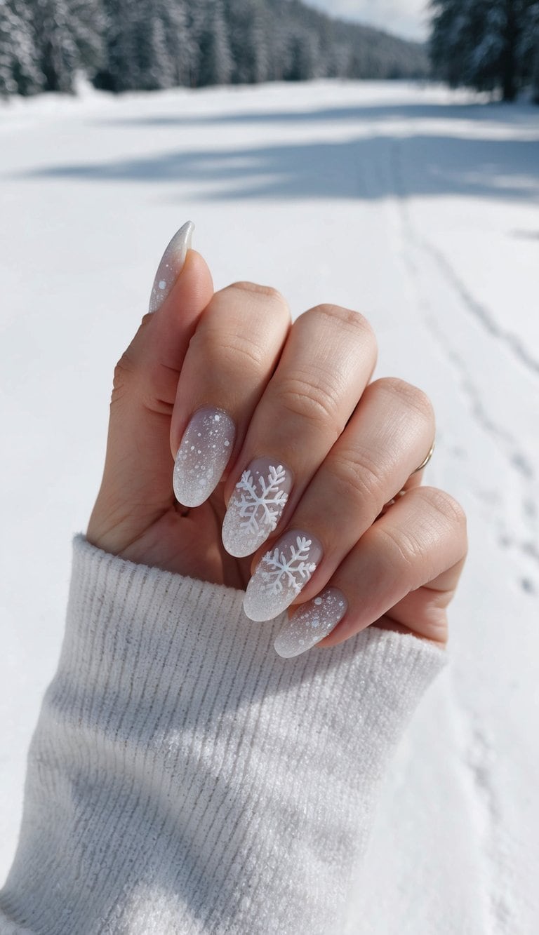 A snowy landscape with sparkling snowflakes on short nails