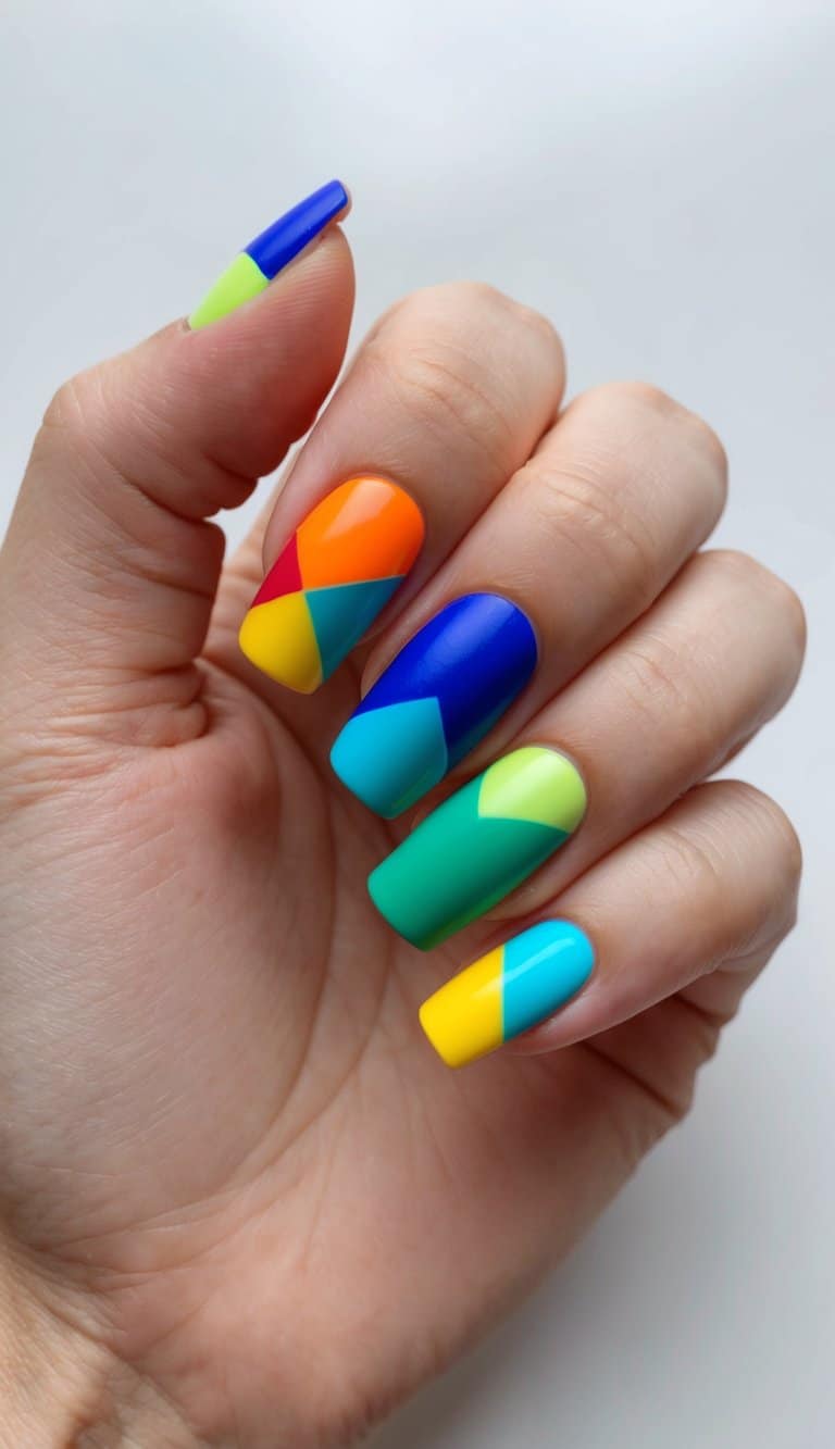 Vibrant, geometric shapes in various colors and sizes arranged on short, square nails