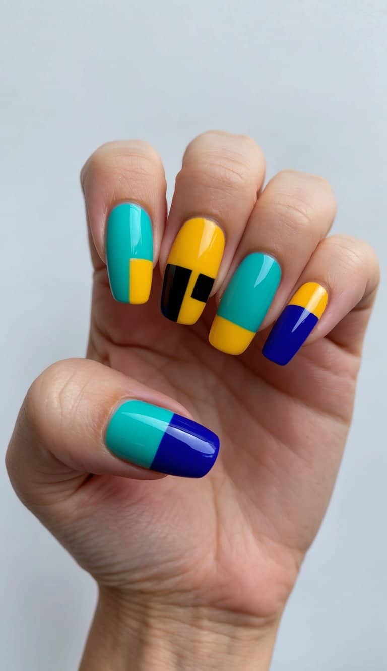 A vibrant palette of bold, contrasting colors arranged in geometric blocks on short, manicured nails