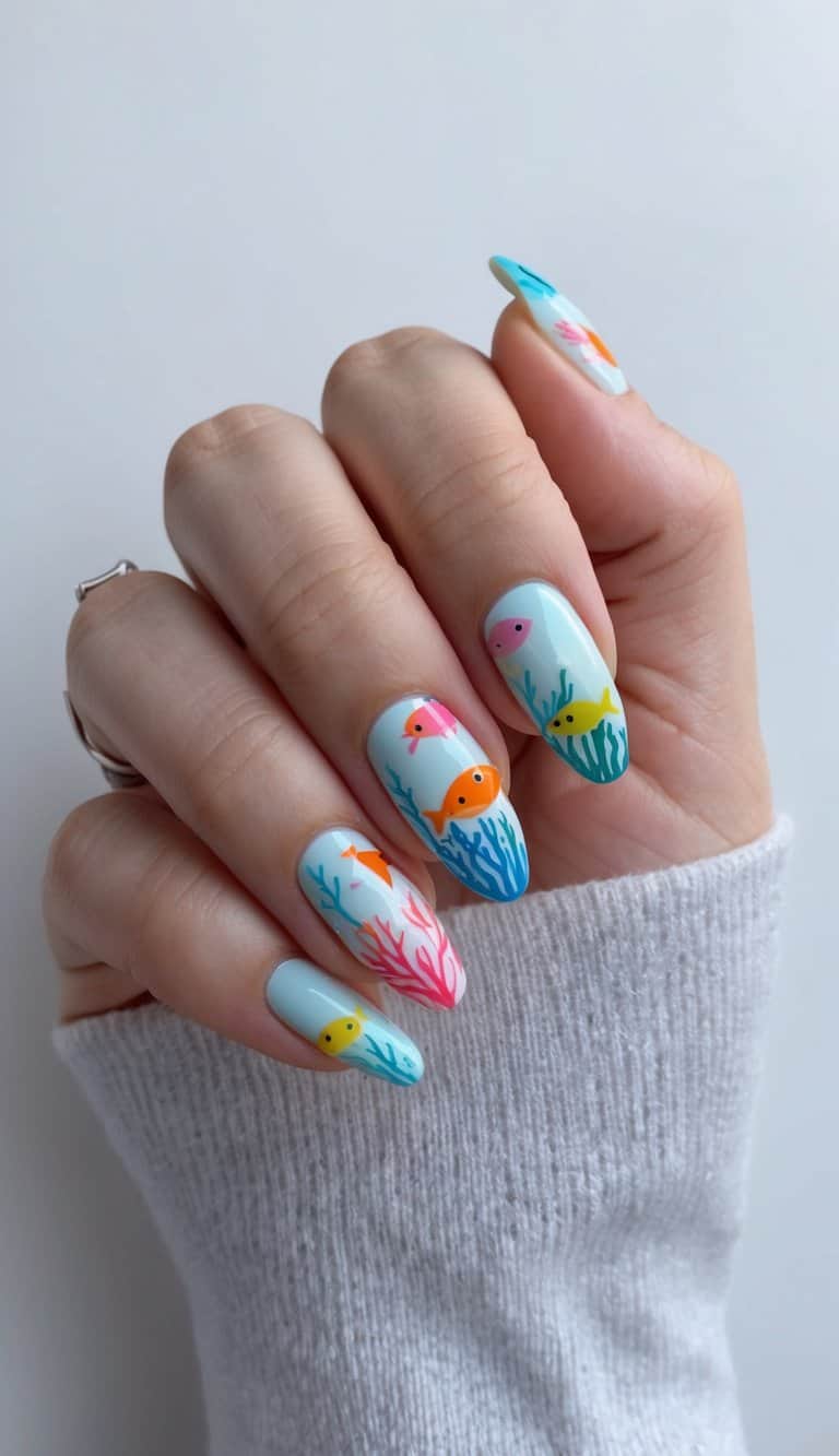 A serene underwater scene with colorful fish and coral, creating a stylish and practical aquatic nail art design