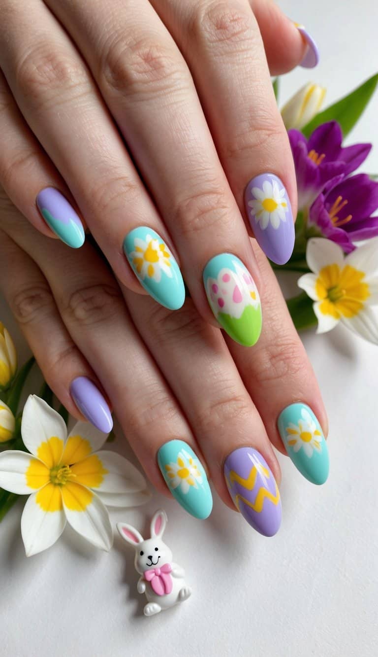 A colorful Easter egg design on short nails, surrounded by spring flowers and a cheerful bunny